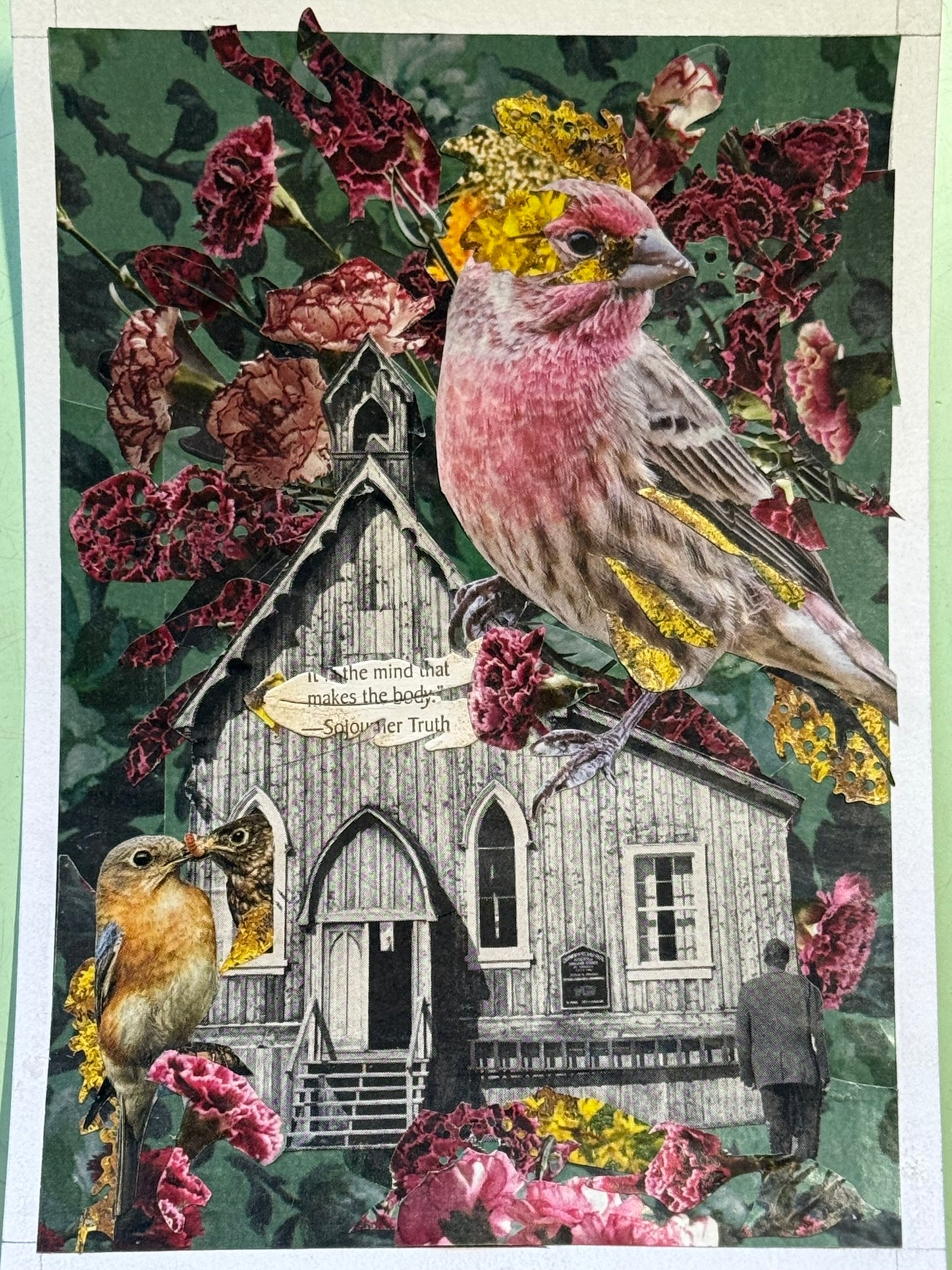 Sunday Bird | Original Mixed Media Collage |Recycled Magazines & Pressed Flowers