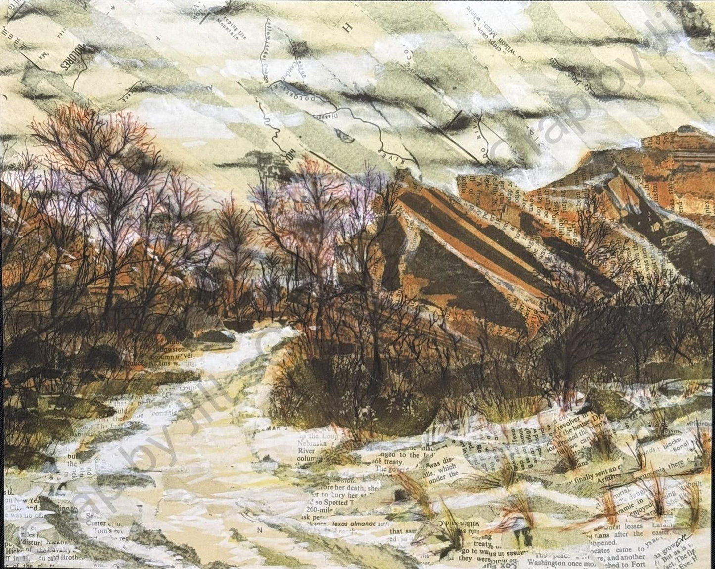 Red Rocks Hiking Mixed Media Collage Original Giclée Print (Featured at 3 Square Art Gallery)