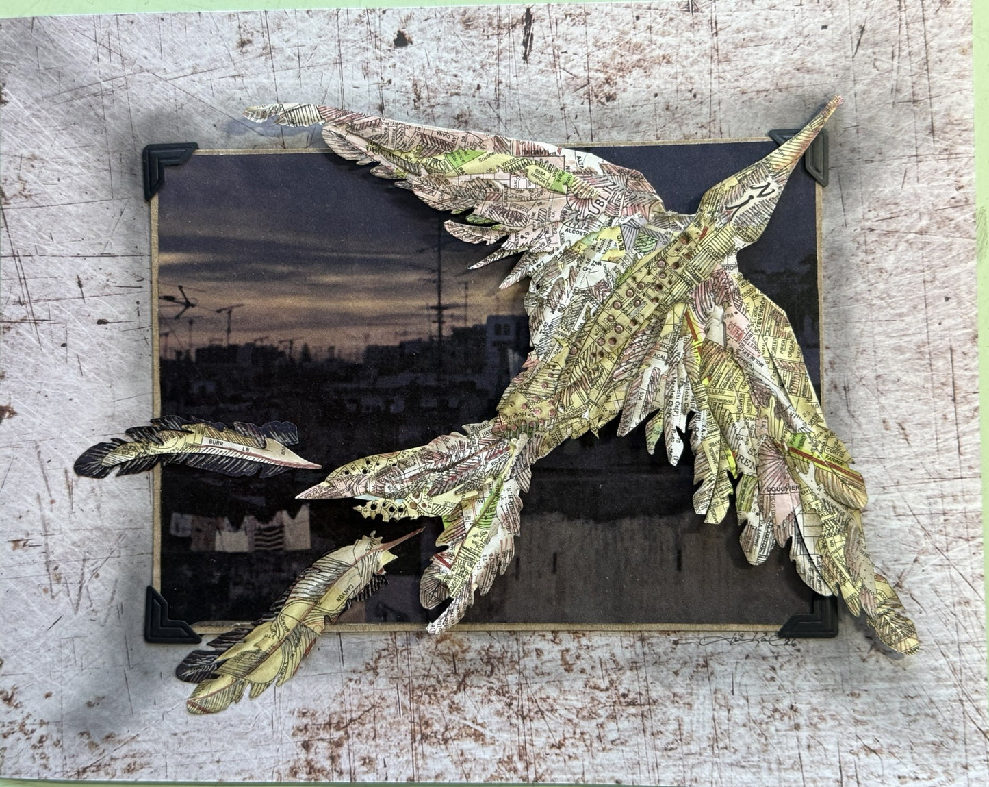 Map Bird | Original Mixed Media Collage Hand-Inked Maps on Paper