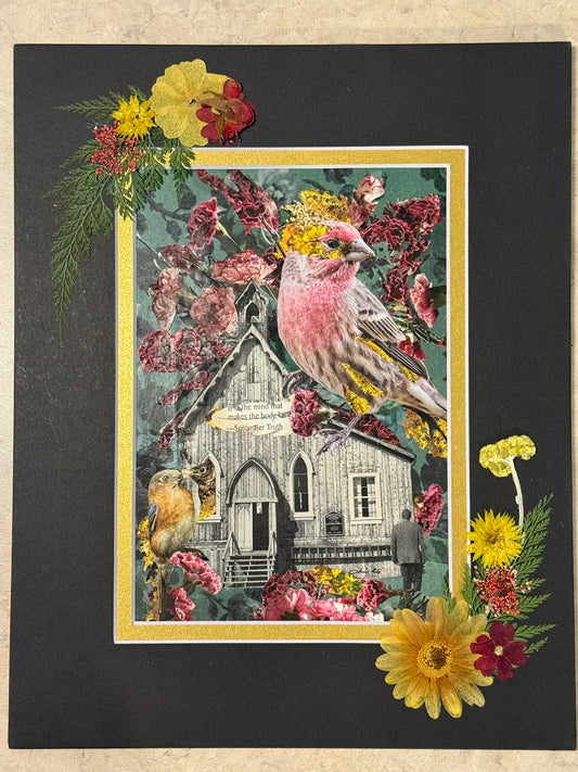 Sunday Bird | Original Mixed Media Collage |Recycled Magazines & Pressed Flowers
