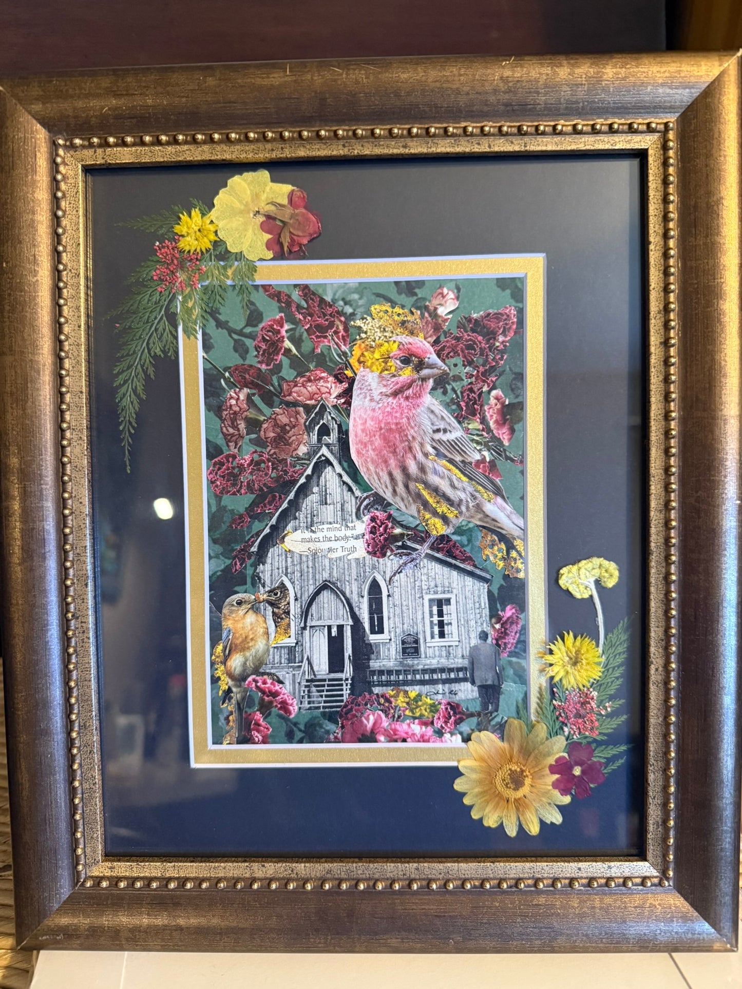 Sunday Bird | Original Mixed Media Collage |Recycled Magazines & Pressed Flowers
